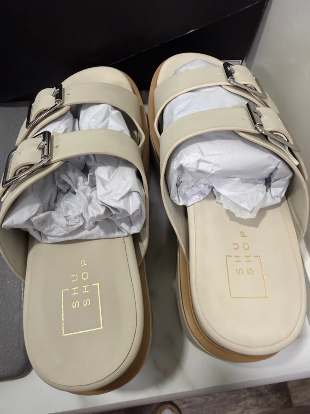 NWT SHUSHOP Lucinda Platform Slide Stone Sandal women’s size 7.5 - Picture 5 of 8
